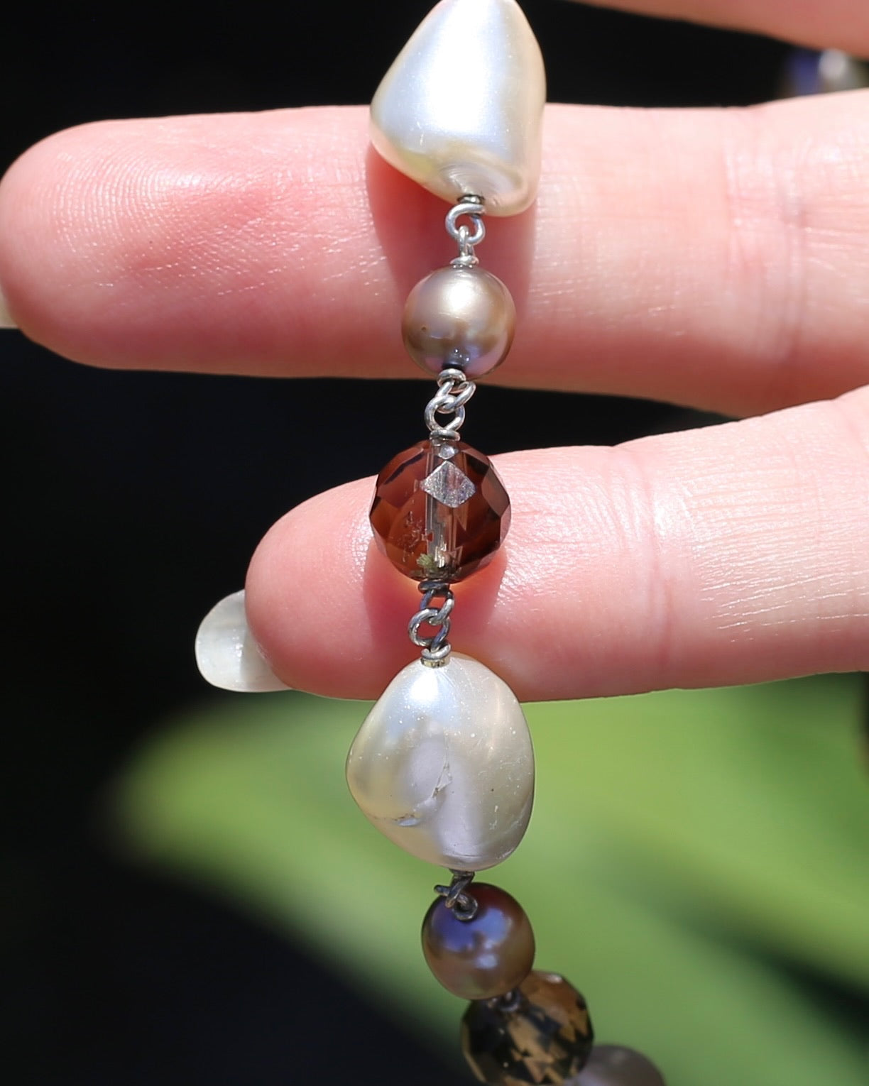 Baroque White Pearl, Grey Pearl and Smoky Quartz Neckalce, Silver Clasp and Findings, 43g