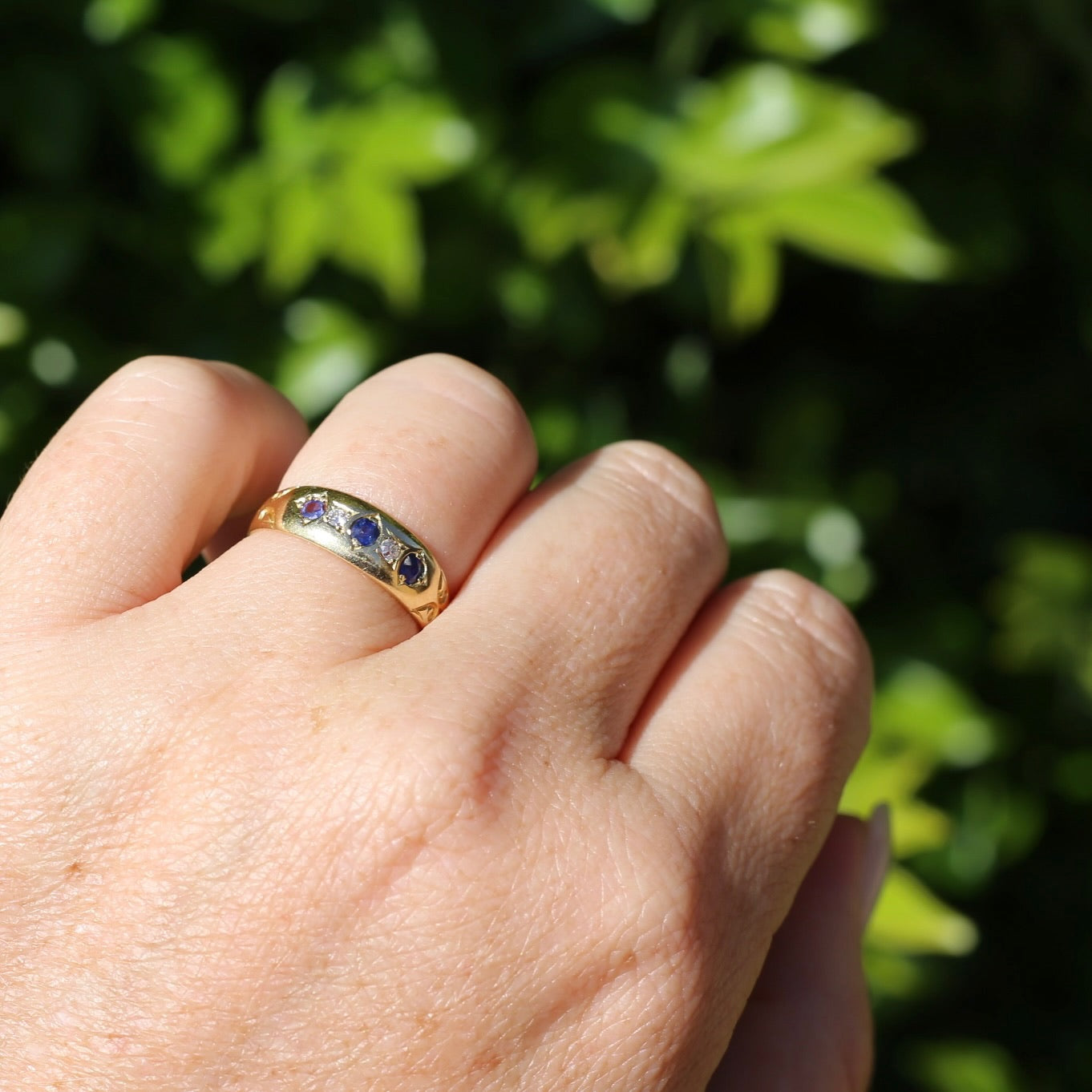 1897 Old Cut Sapphire and Diamond Five Stone Ring, 18ct Yellow Gold, size O or 7.25