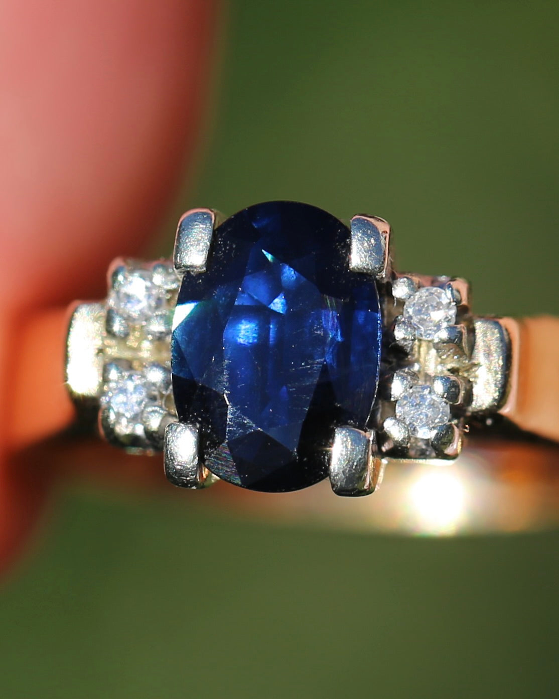 Circa 1970s Natural Sapphire and Diamond Ring, 9ct Yellow and White Gold, size M or 6.25, 4.19g