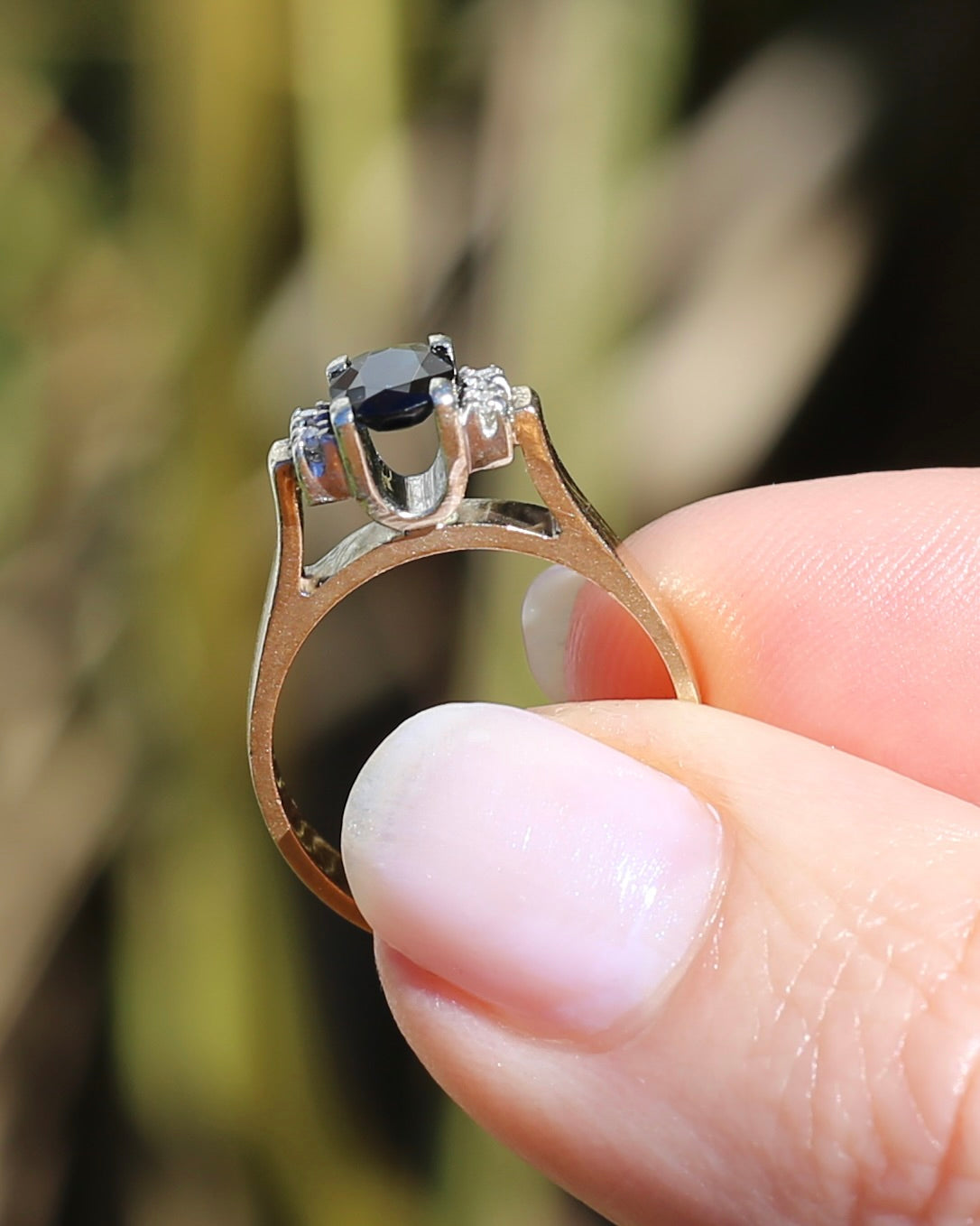 Circa 1970s Natural Sapphire and Diamond Ring, 9ct Yellow and White Gold, size M or 6.25, 4.19g