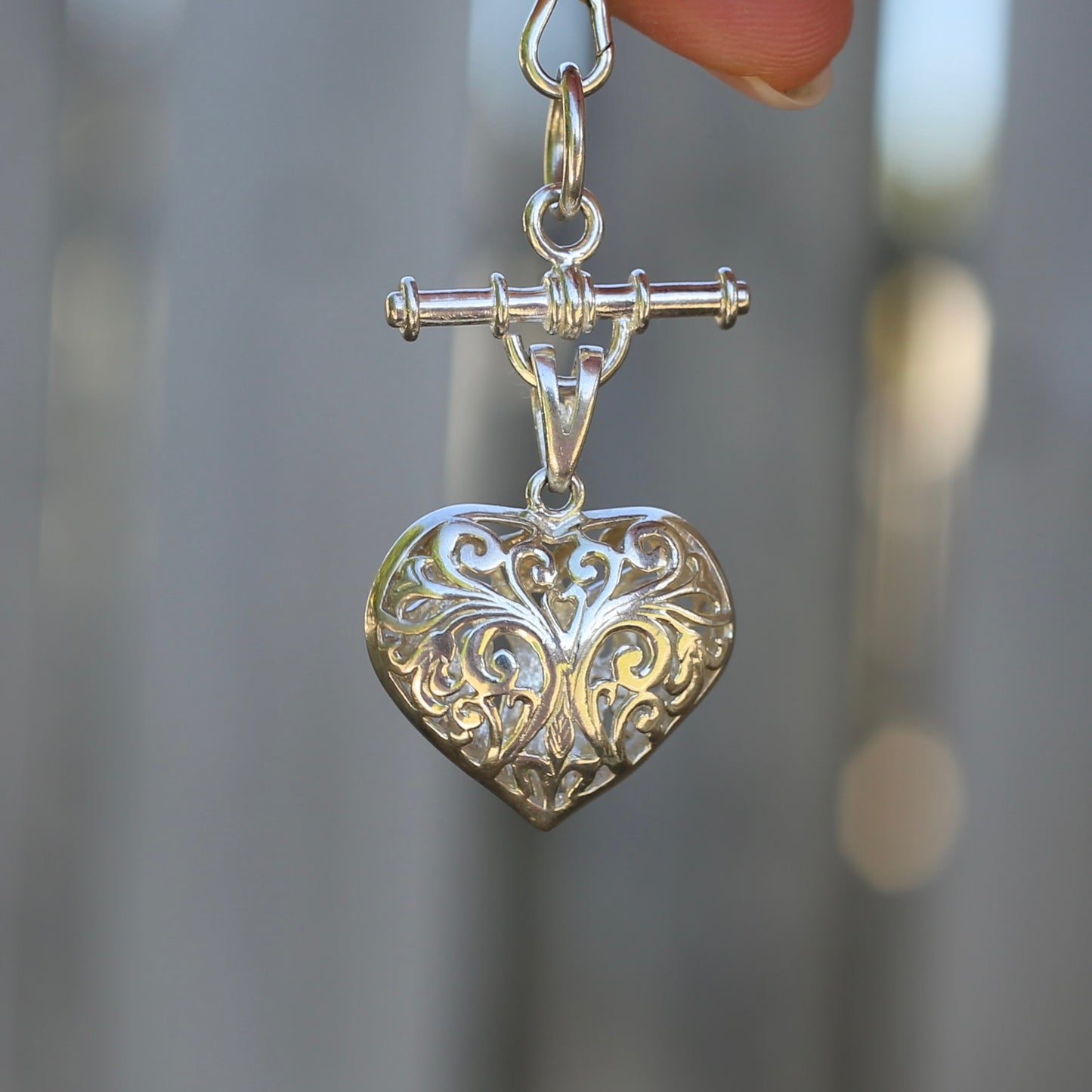 Modern Filigree Heart Fob with T-bar, 7.79g