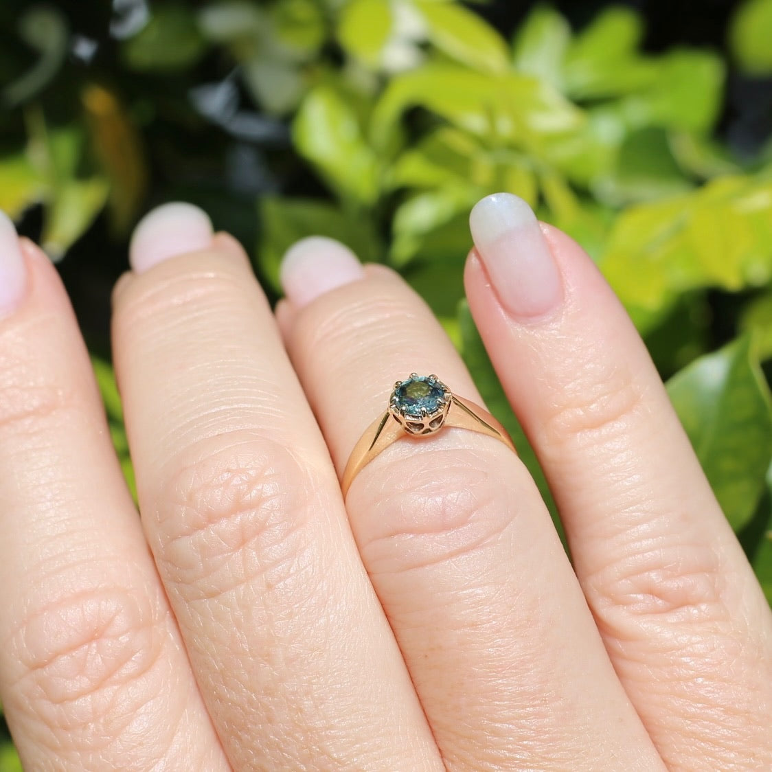 Seafoam Sapphire Solitaire in 8 Claw Setting, 9ct Yellow Gold, size L or just under 5.5