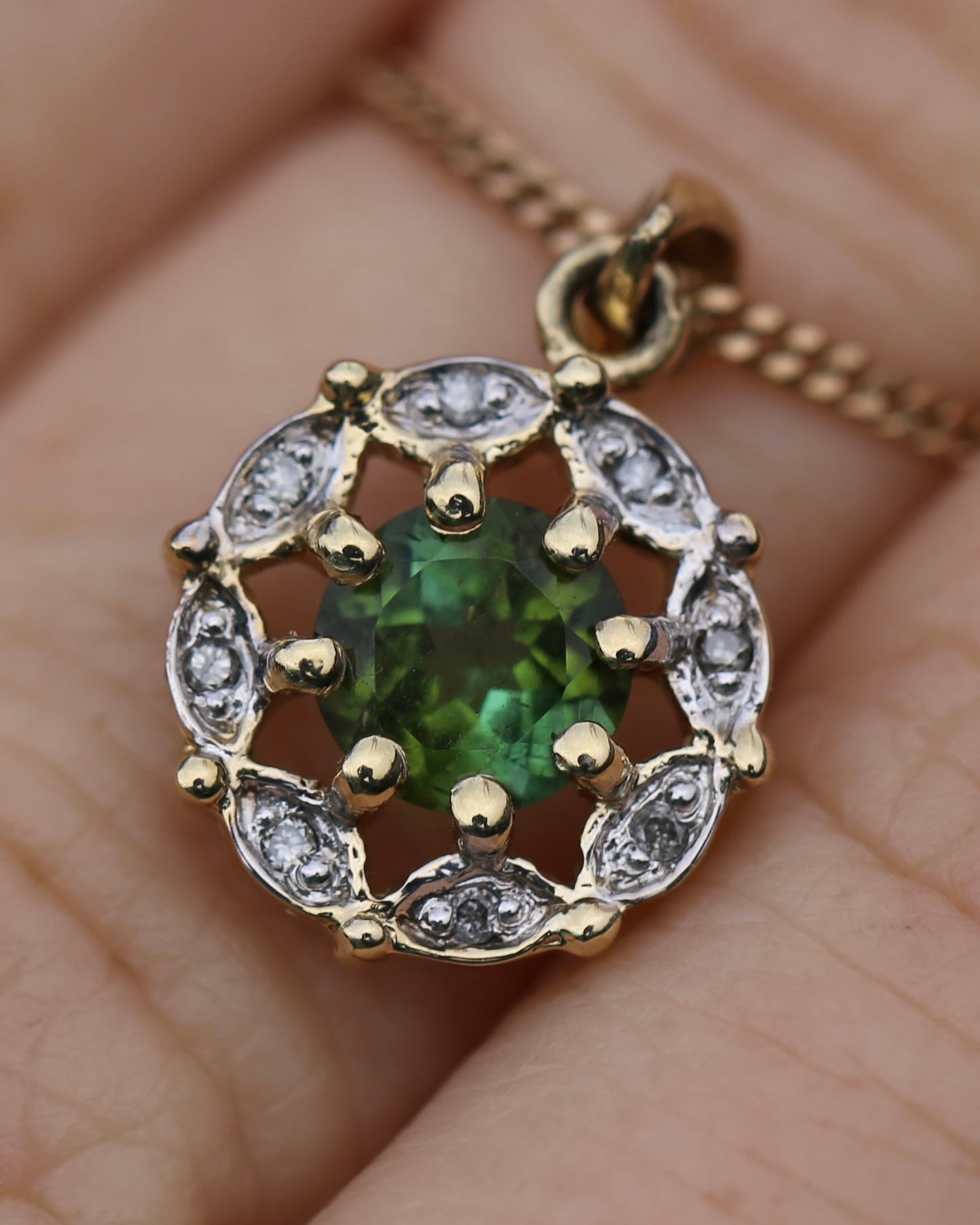 Vintage 0.7ct Green Tourmaline and Diamond Pendant, 9ct Yellow Gold, 1.15g
