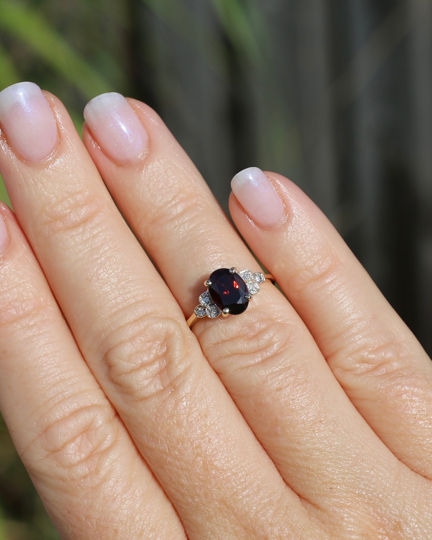 2.45ct Deep Red Whisky Zircon and Diamond RIng, 9ct Yellow Gold, size L or 5.75, 2.33g