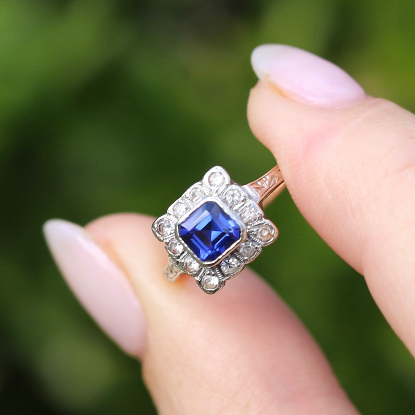 1930s Mixed Metal, Sapphire and White Spinel Halo Ring, 9ct Yellow and White Gold, size J1/2 or 5