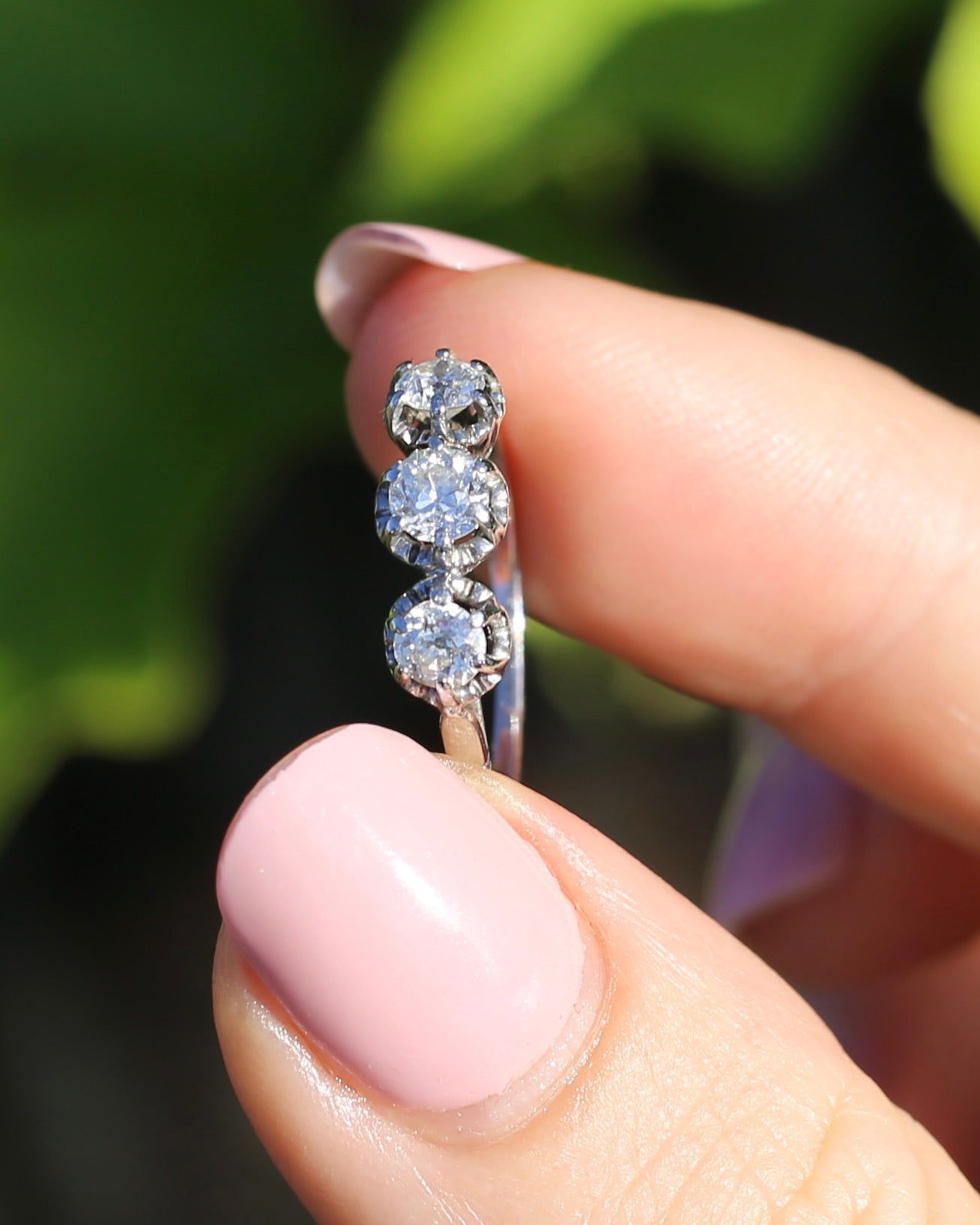 Circa 1930s Transitional Cut Diamond Trilogy with Kozibe Effect, Platinum, size L or 5.75, 2.68g, with valuation