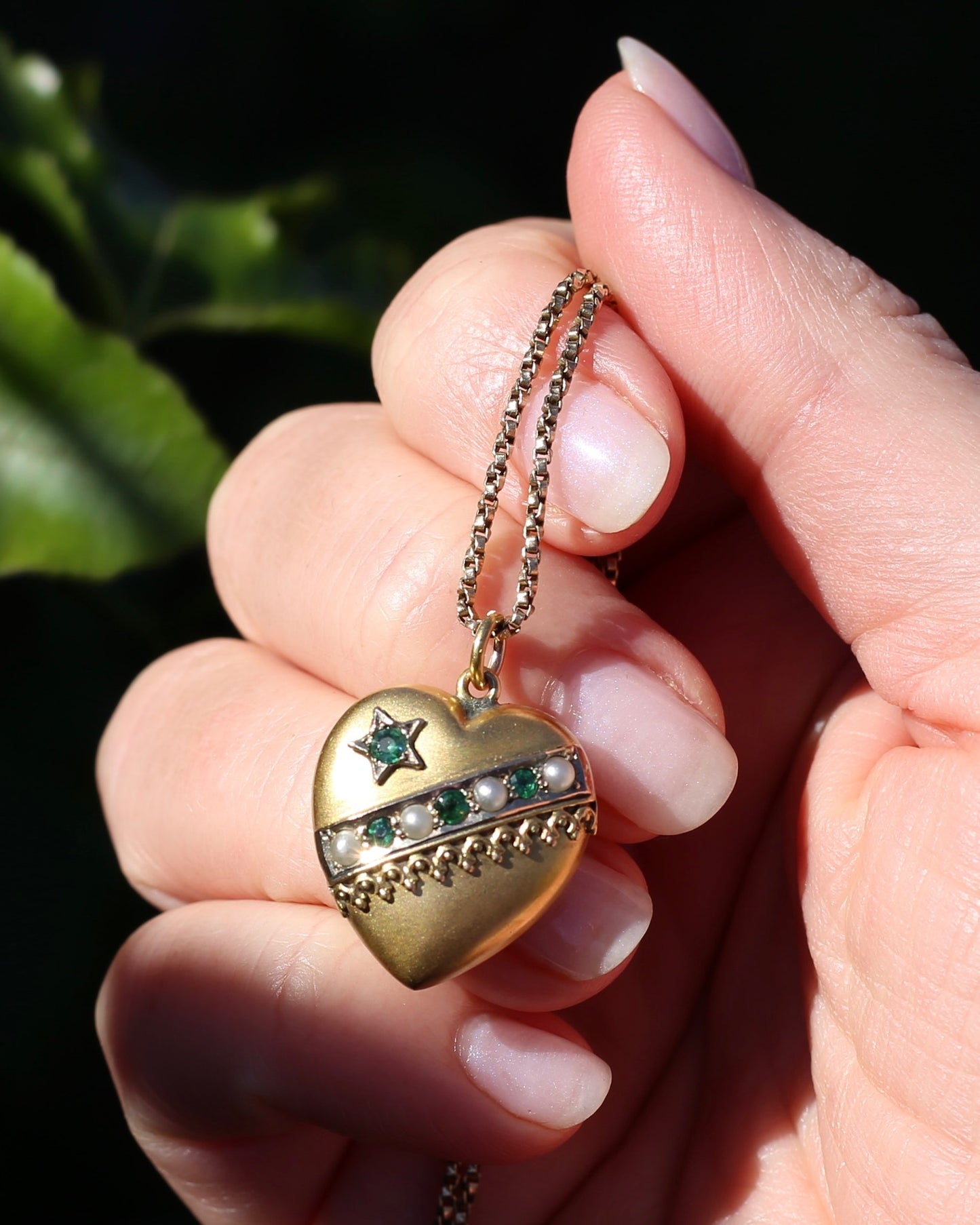 Early Australian Aronson & Co Puffy Heart set Pendant with Pearl and Green Gems, 9ct Yellow Gold, 2.59g