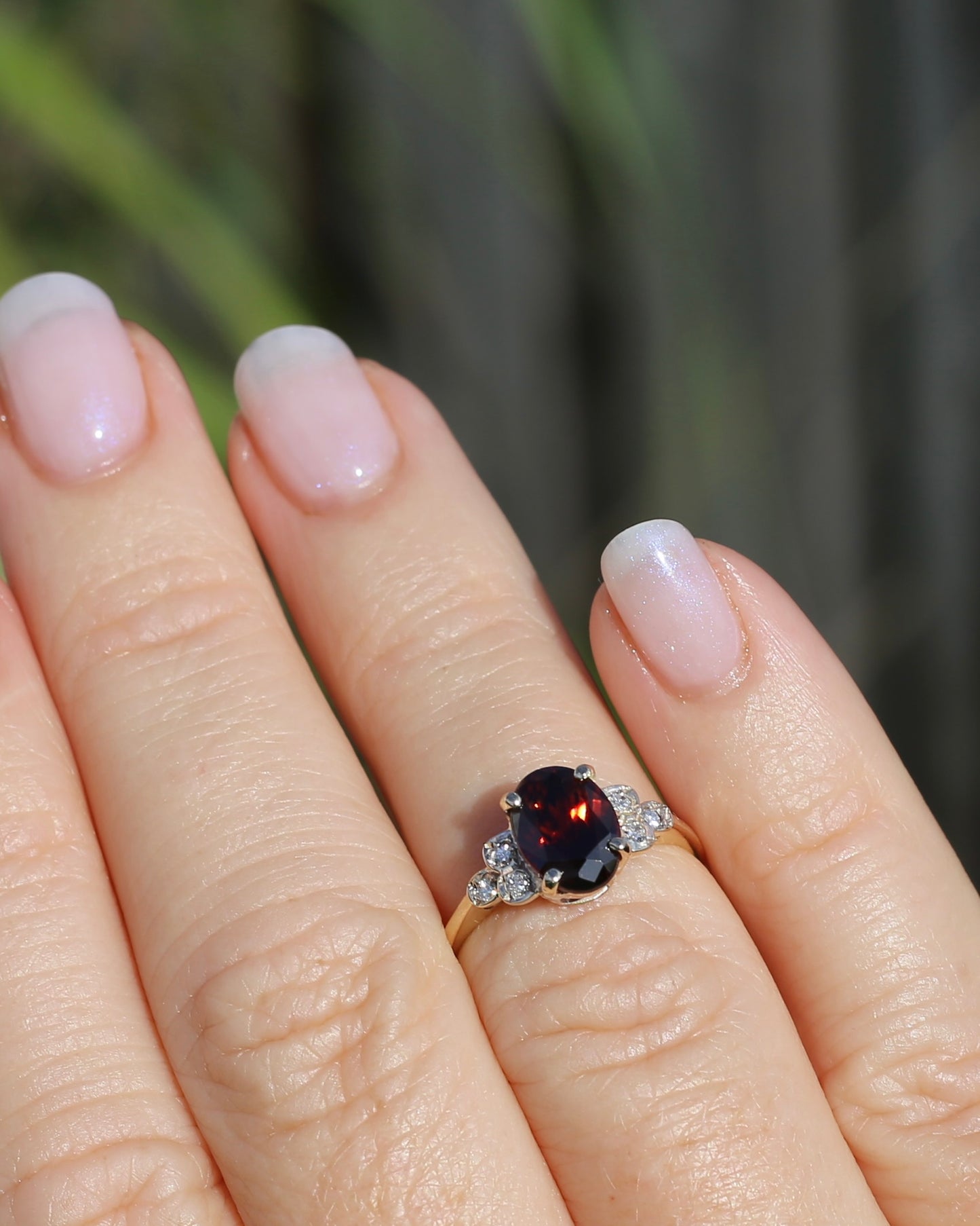 2.45ct Deep Red Whisky Zircon and Diamond RIng, 9ct Yellow Gold, size L or 5.75, 2.33g