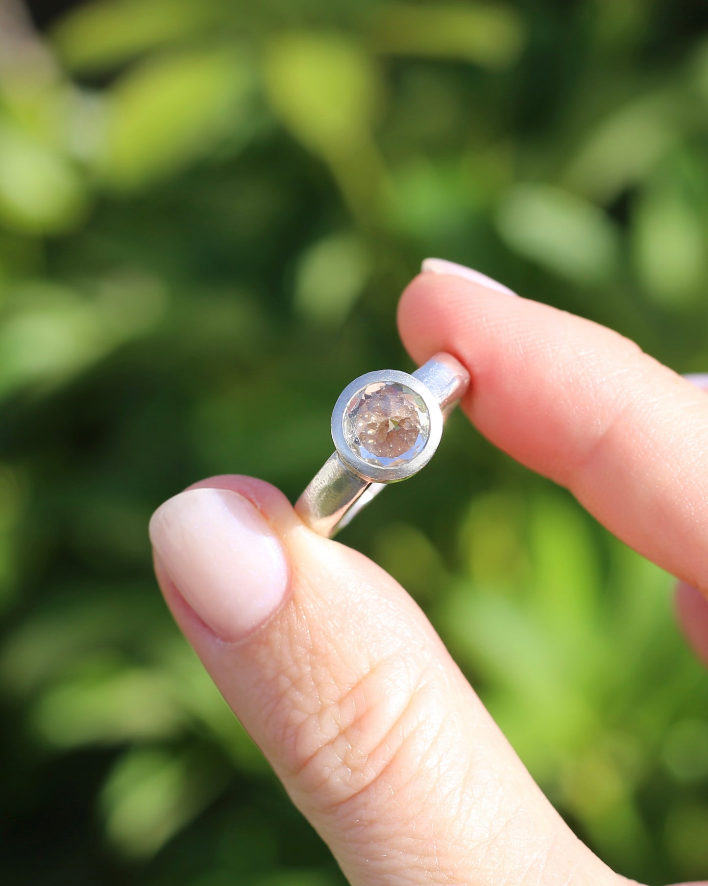 Bjorg Jewellery Inverse Set White Spinel Ring, Chunky Handmade Sterling Silver, size 6.5 or just under N