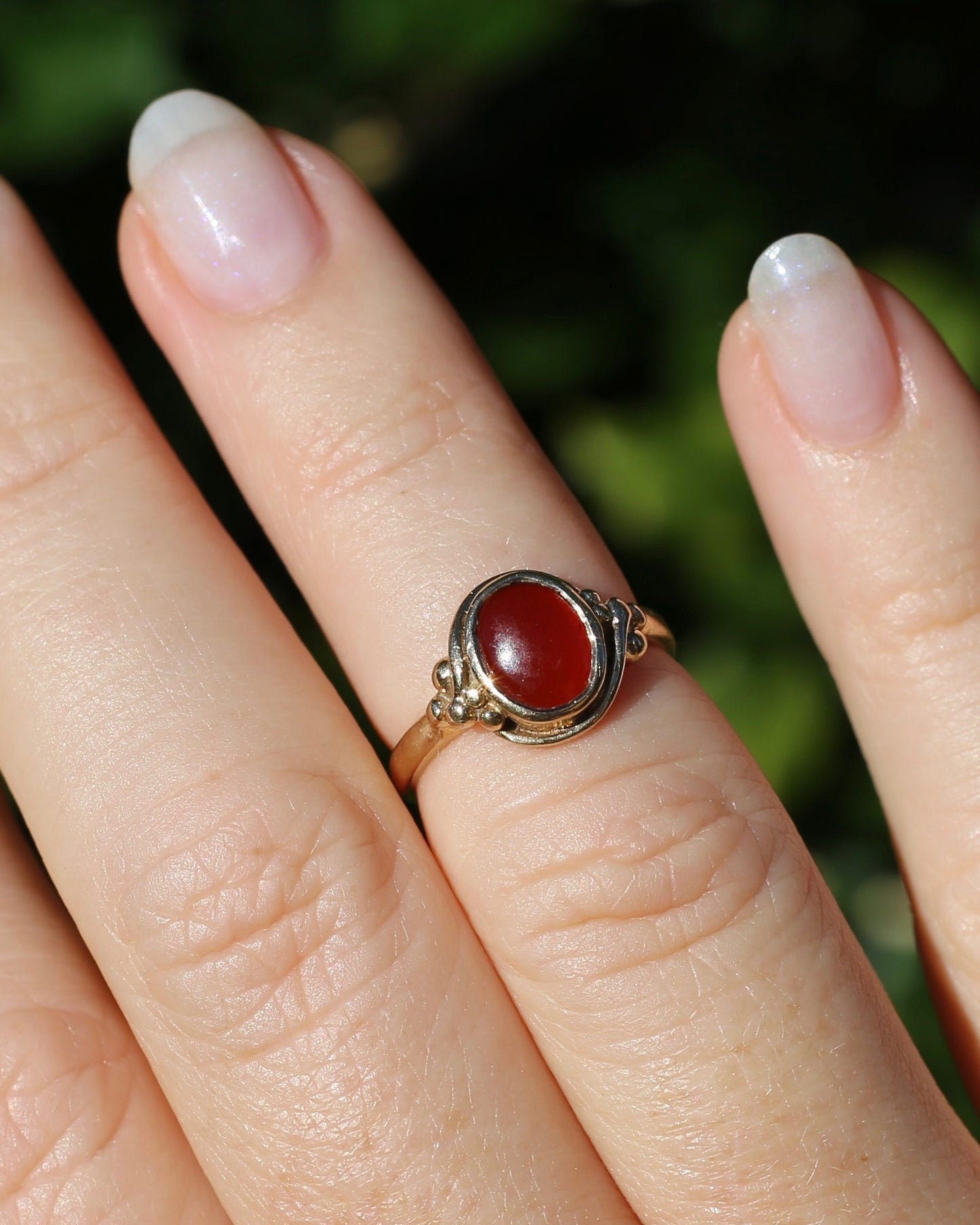Bezel Set Carnelian Cabochon Signet Type Ring, 9ct Yellow Gold, size I1/2 or 4.5