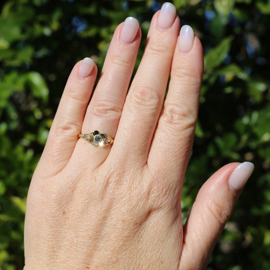 Unique Parti Sapphire and Diamond Flower Ring, 18ct Yellow Gold, size N or just over 6.5