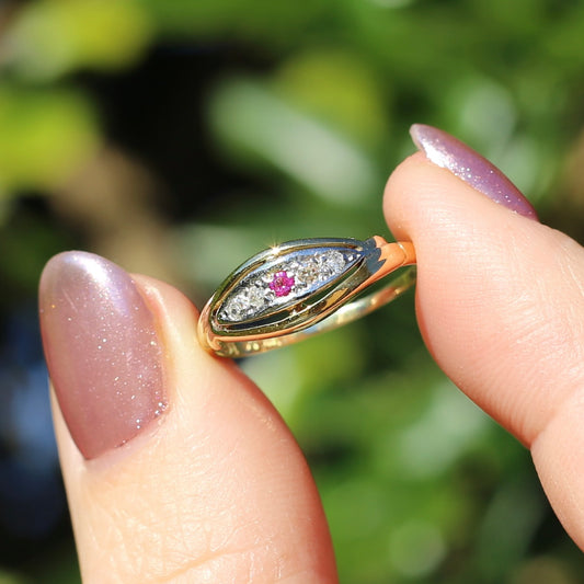 Antique Boat Ring with Four Old Cut Diamonds and an Old Cut Pink Topaz, 18ct Yellow and White Gold, size 7 or N1/2