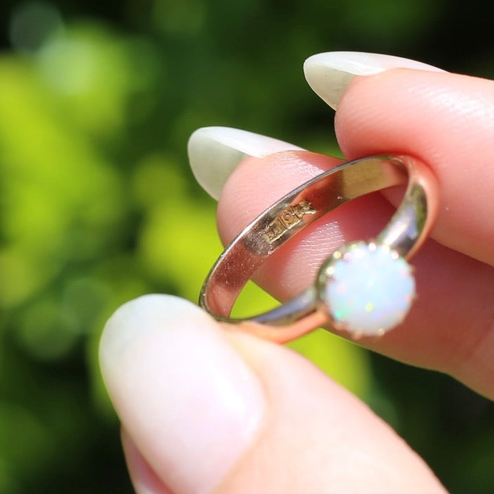 Early Australian 11 Multi Claw White Round Opal Ring, 9ct Old Rosey Gold, size 10 or U