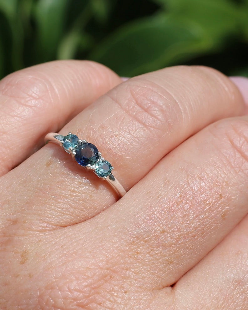 0.85ct Natural Parti Sapphire Trilogy Ring, Sterling Silver, size Q or 8.25, 1.98g