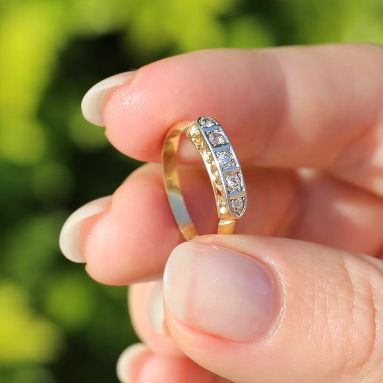 1930s Old Cut 5 Stone Diamond Ring, Platinum and 18ct Yellow Gold, size L or 5.75