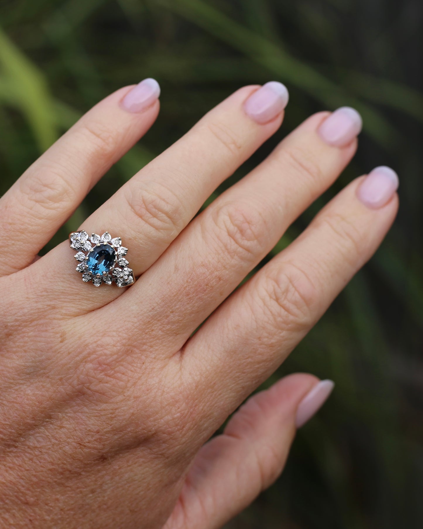 1989 Blue Zircon and Diamond Halo Ring, 9ct Yellow and White Gold, size N1/2 or 7, 3.18g