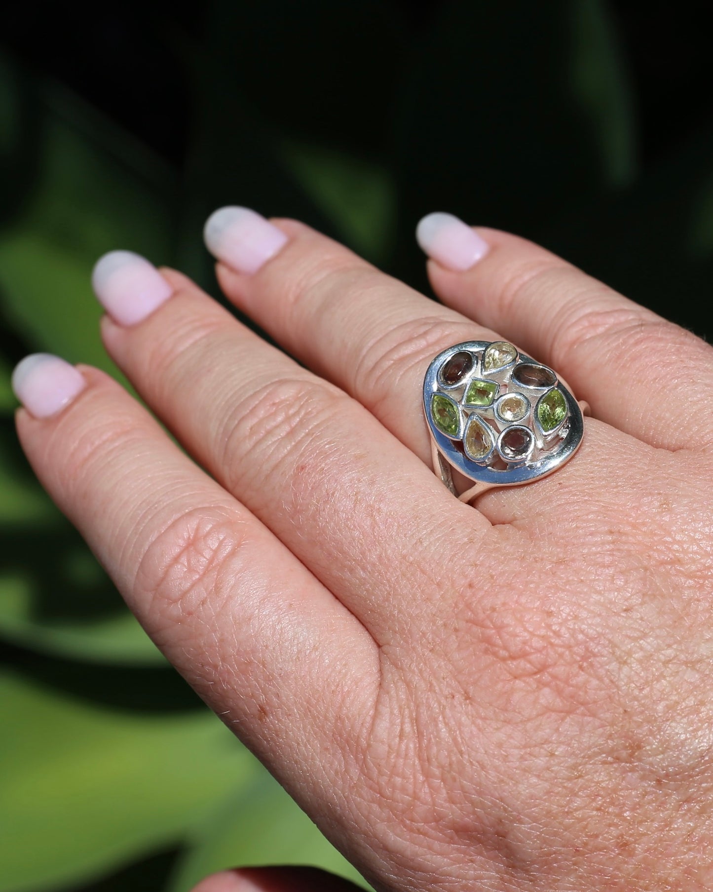 Peridot, Citrine and Smokey Quartz Bezel Set Ring, Sterling Silver, size P or 7.5, 8.27g