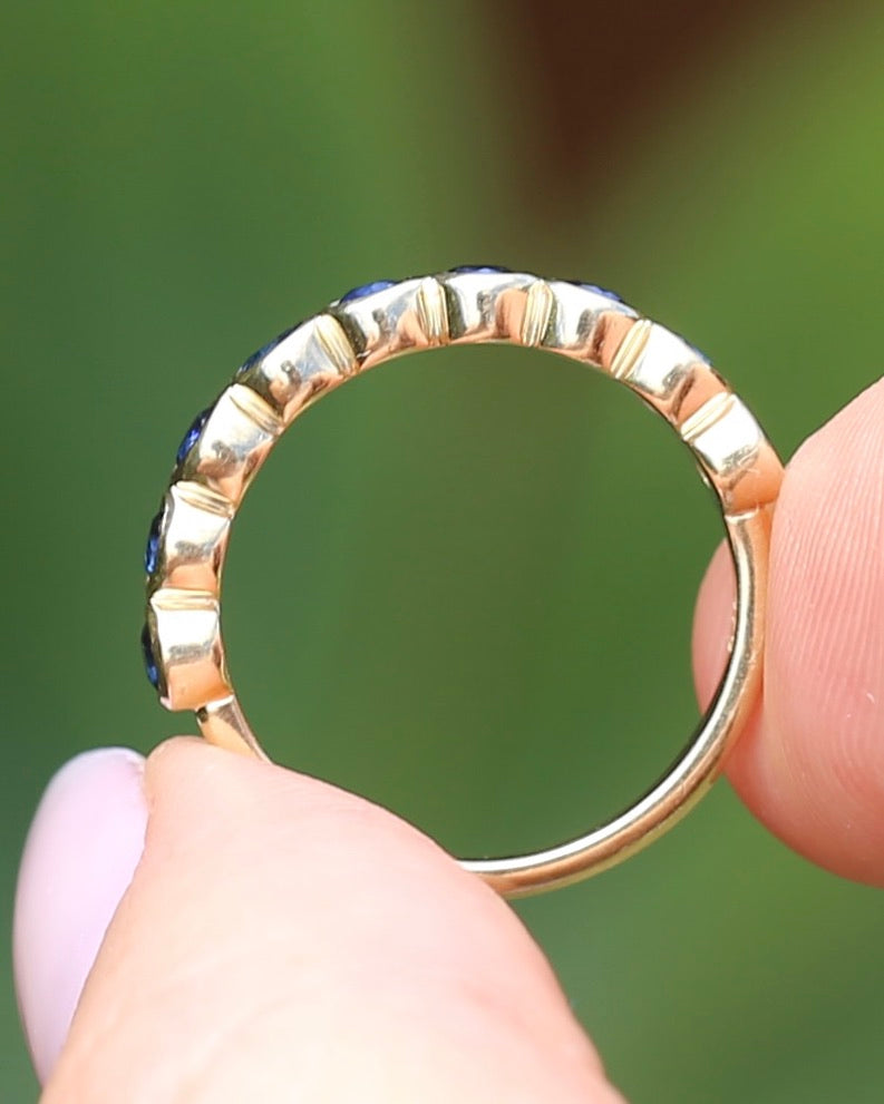Second Glance - 9 Stone Bezel Set Blue Sapphire Bubble Half Eternity Ring, 9ct Yellow Gold, size N or just over 6.5, 2.80g