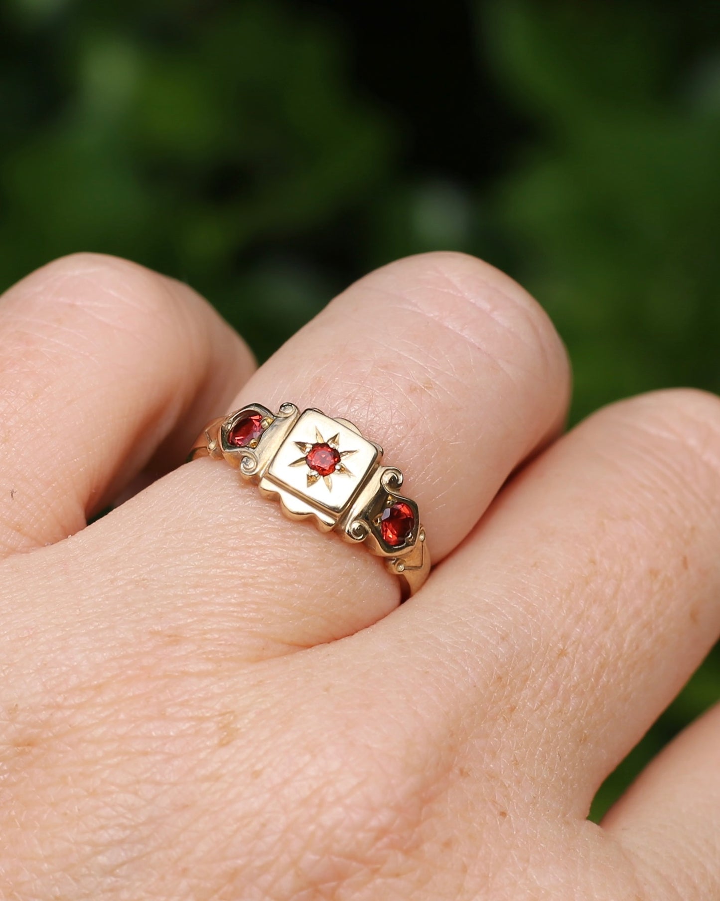 Victorian Revival Garnet Trilogy Star Set Ring, 9ct Yellow Gold, size O1/2 or just over 7.25
