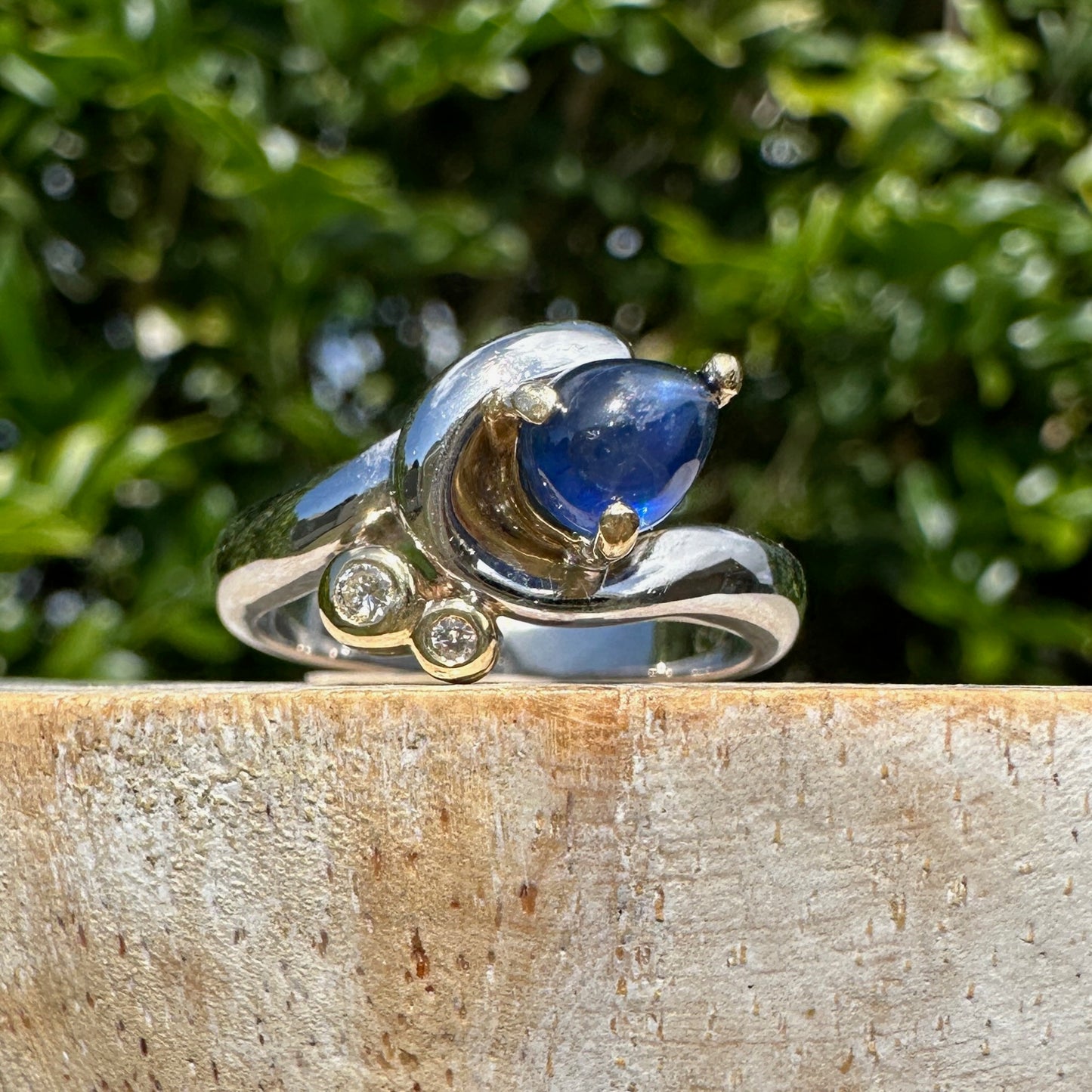 Chunky Asymetrical Mixed Metal Pear Sapphire Cabochon and Diamond ring, 18ct Yellow and White Gold, size 7.5 or just over O1/2