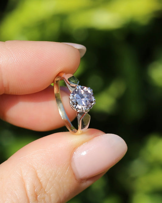 Vintage 1.86ct Pale Pink natural Zircon, 1967 London Made Double Claw Set, 9ct Yellow and White Gold, size M1/2 or 6.5, 2.8g