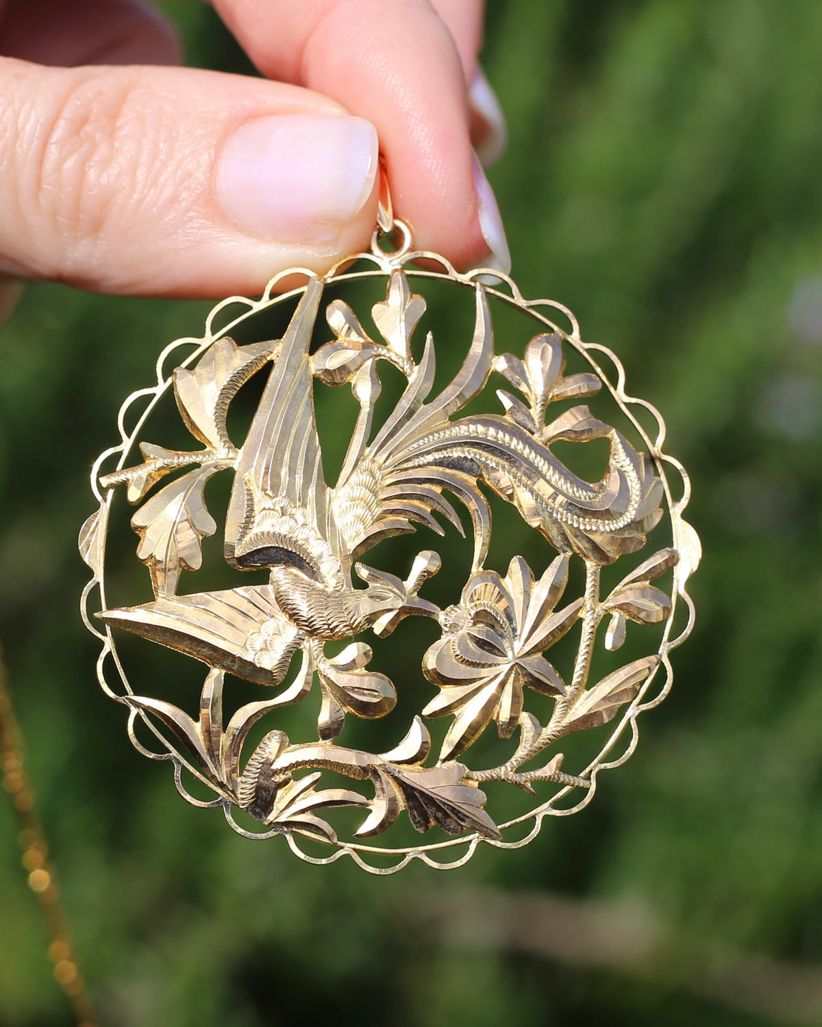 Vintage Chinese Fenghuang (Chinese Phoenix) and Floral Openwork Pendant and Chain, 22ct Gold, 24.34g combined