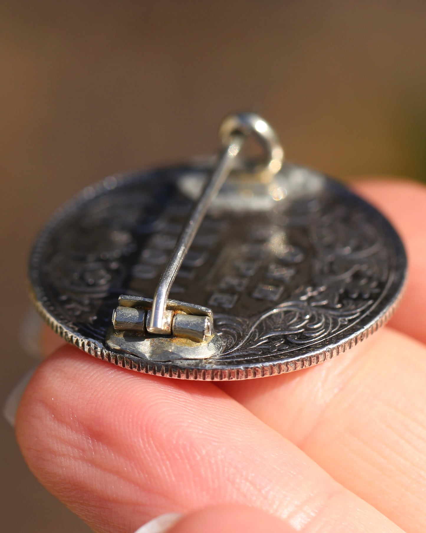 Antique Love Token Oscella Brooch 1900 British India One Rupee, 10.9g