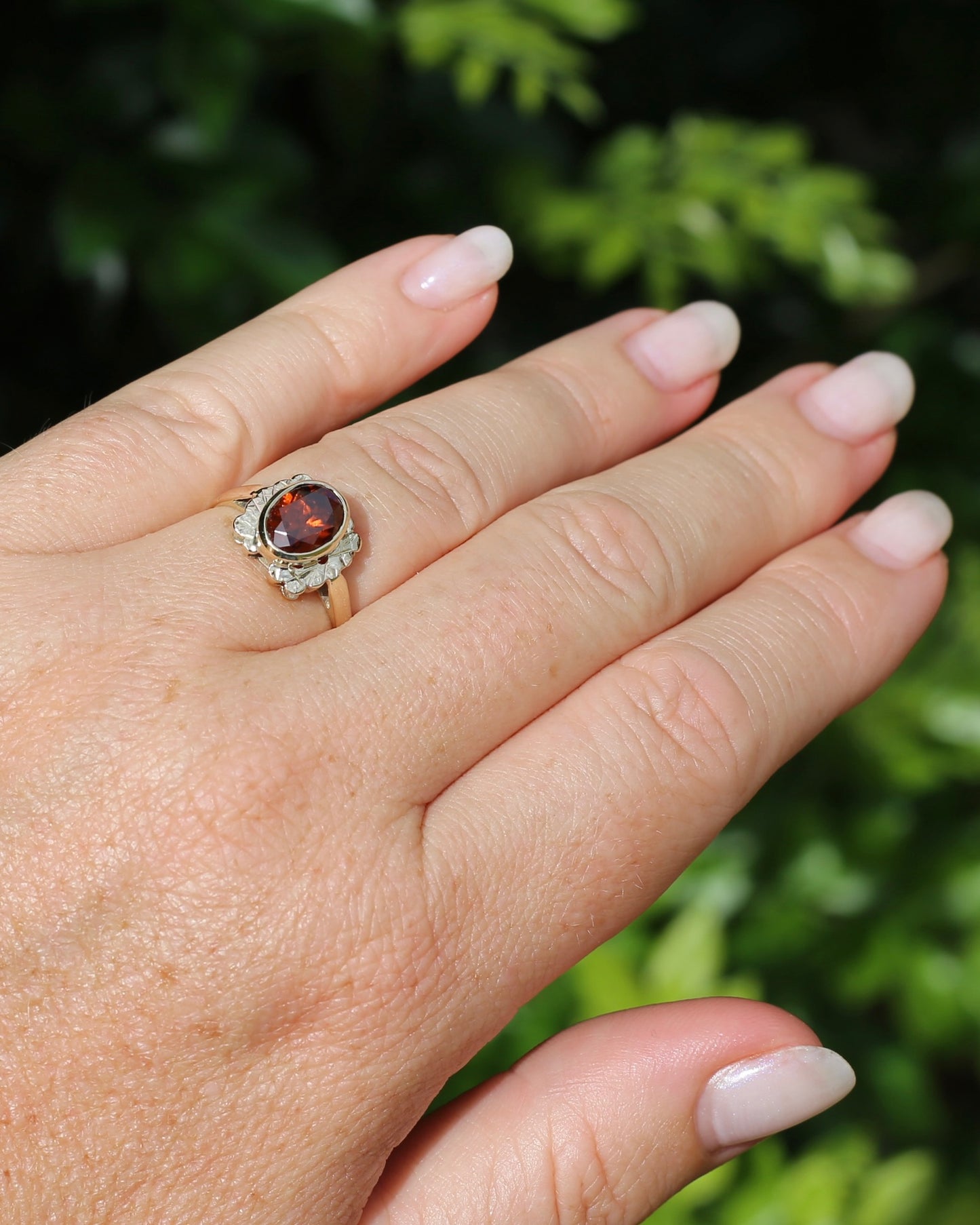 Custom Cut 3.54ct Oval Whiskey Brown Zircon, Bezel Set, 9ct Yellow Gold Birmingham Made 1994 Ring, size P or 7.75