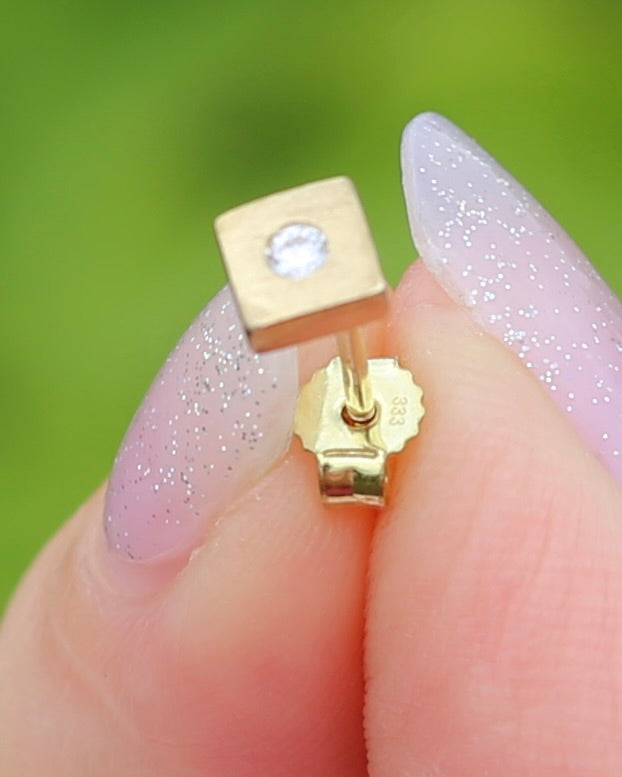 Vintage Brushed Gold Square Studs with Glass Stones, 8ct Yellow Gold, 0.89g