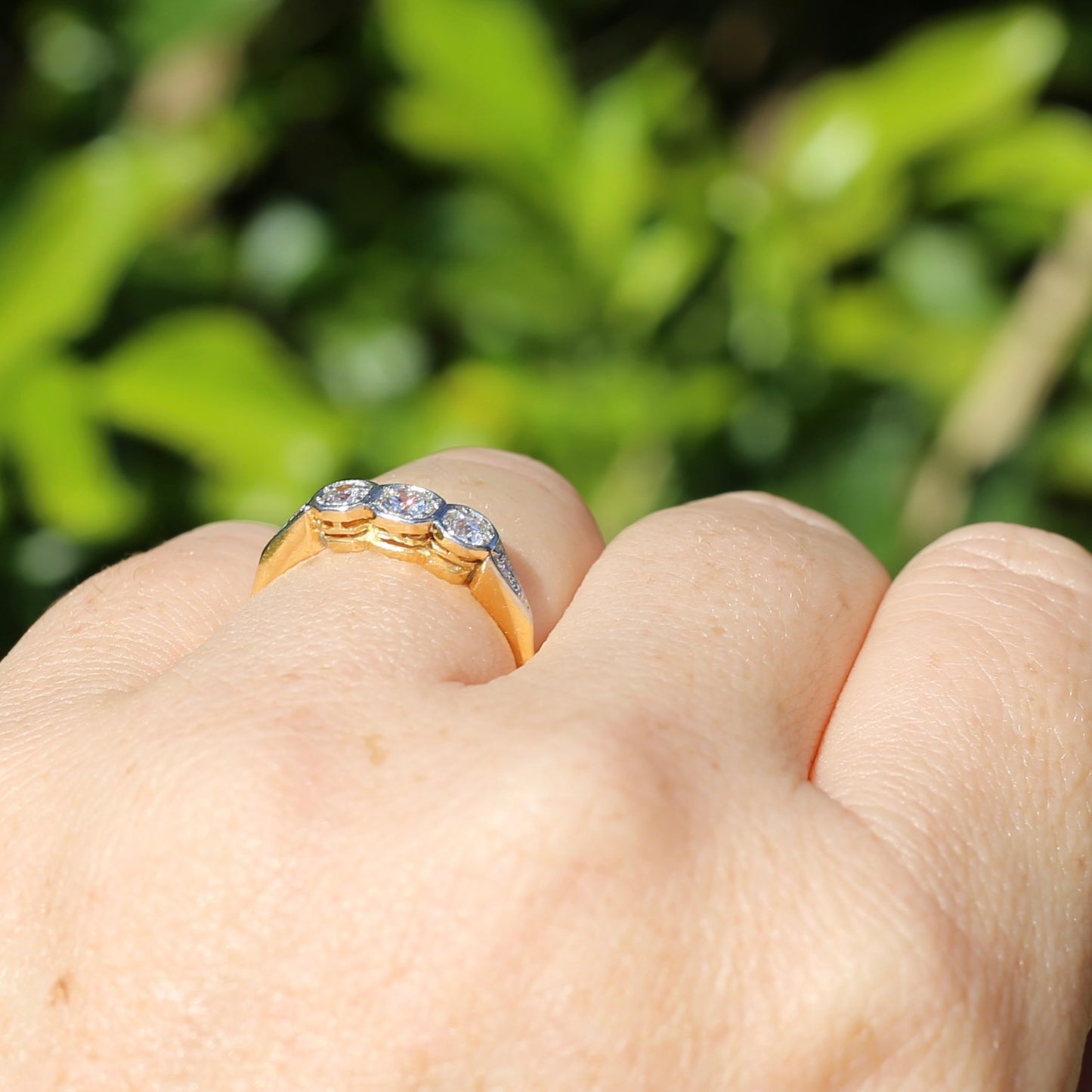 1930s Old and Transitional Cut Diamond Trilogy, 18ct Yellow and White Gold, size N or 6.75