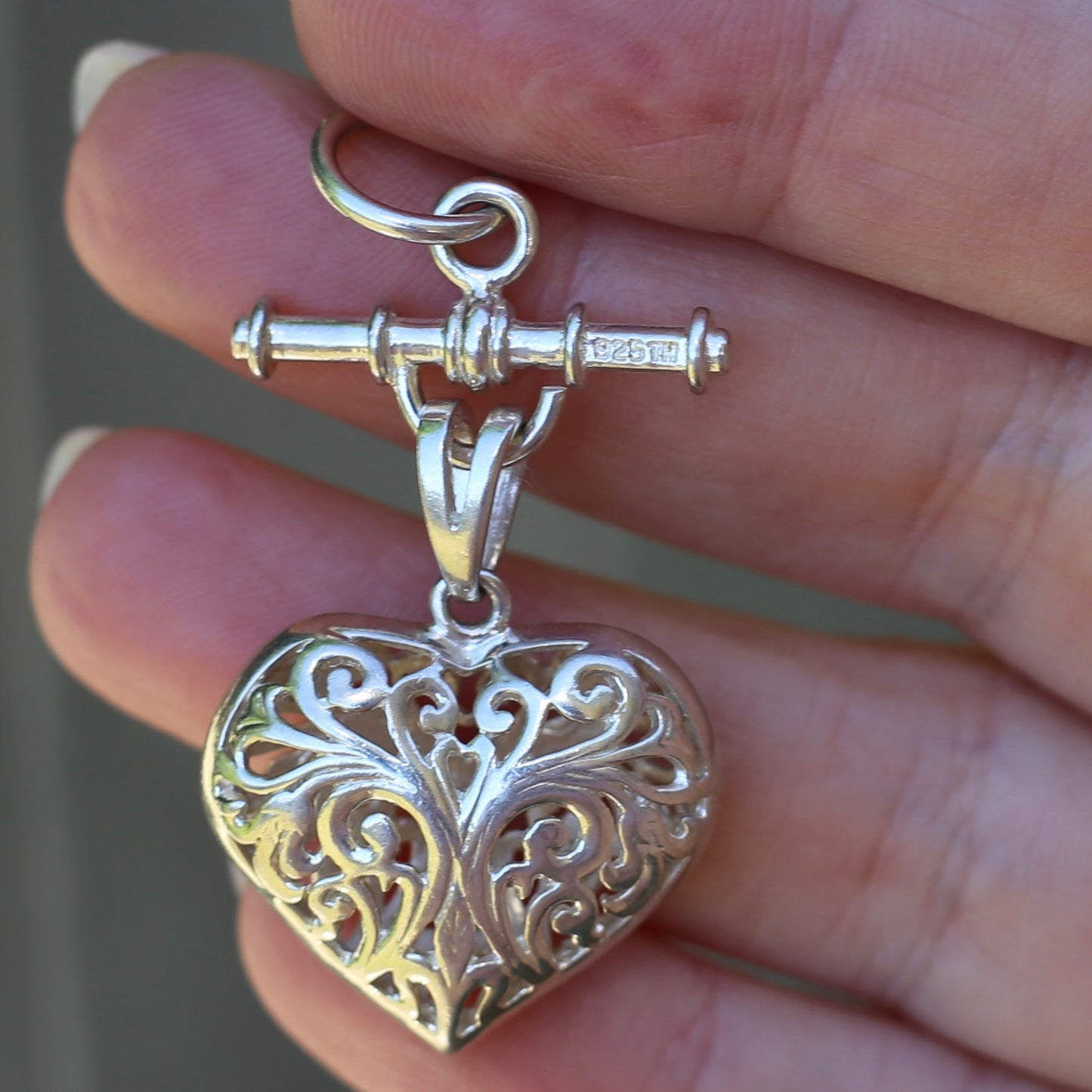 Modern Filigree Heart Fob with T-bar, 7.79g