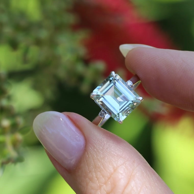 Emerald Cut Prasiolite and Diamond Ring, 9ct White Gold, size P or 7.75