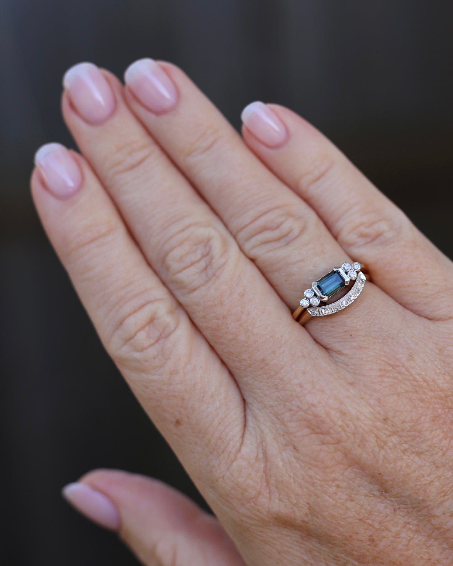 Vintique 7 Stone Single Cut Diamond & Milgrain Curved Stacker Ring, 14ct Yellow and White Gold, size P or just over 7.5, 1.49g