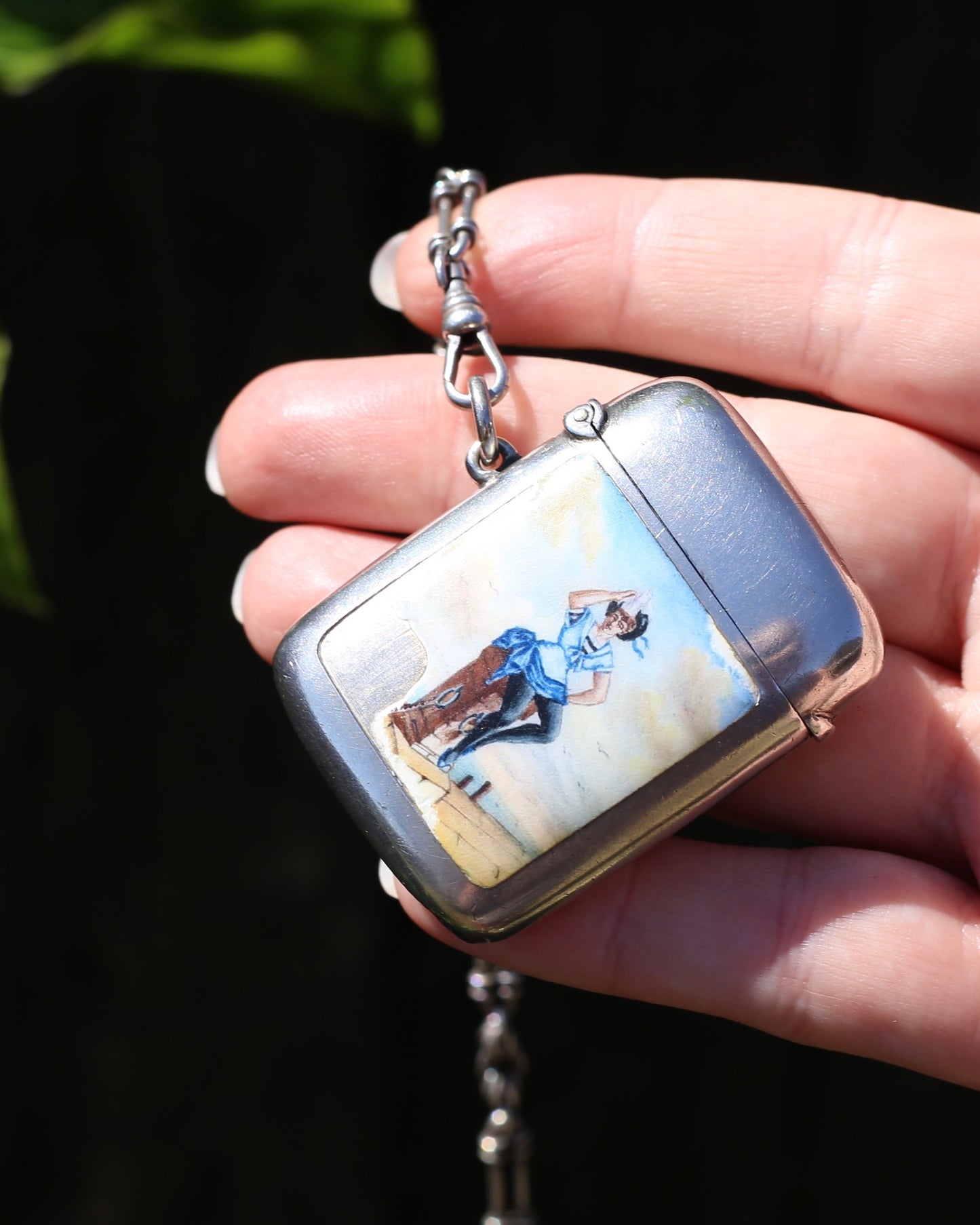 Antique 1896 Vesta Case featuring Enamel Sailor Girl, Sterling Silver, 39g