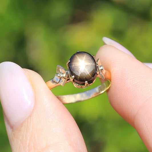 On HOLD Vintage Natural Black Star Sapphire Cabochon Ring, 18ct Yellow Gold, size N or just over 6.5