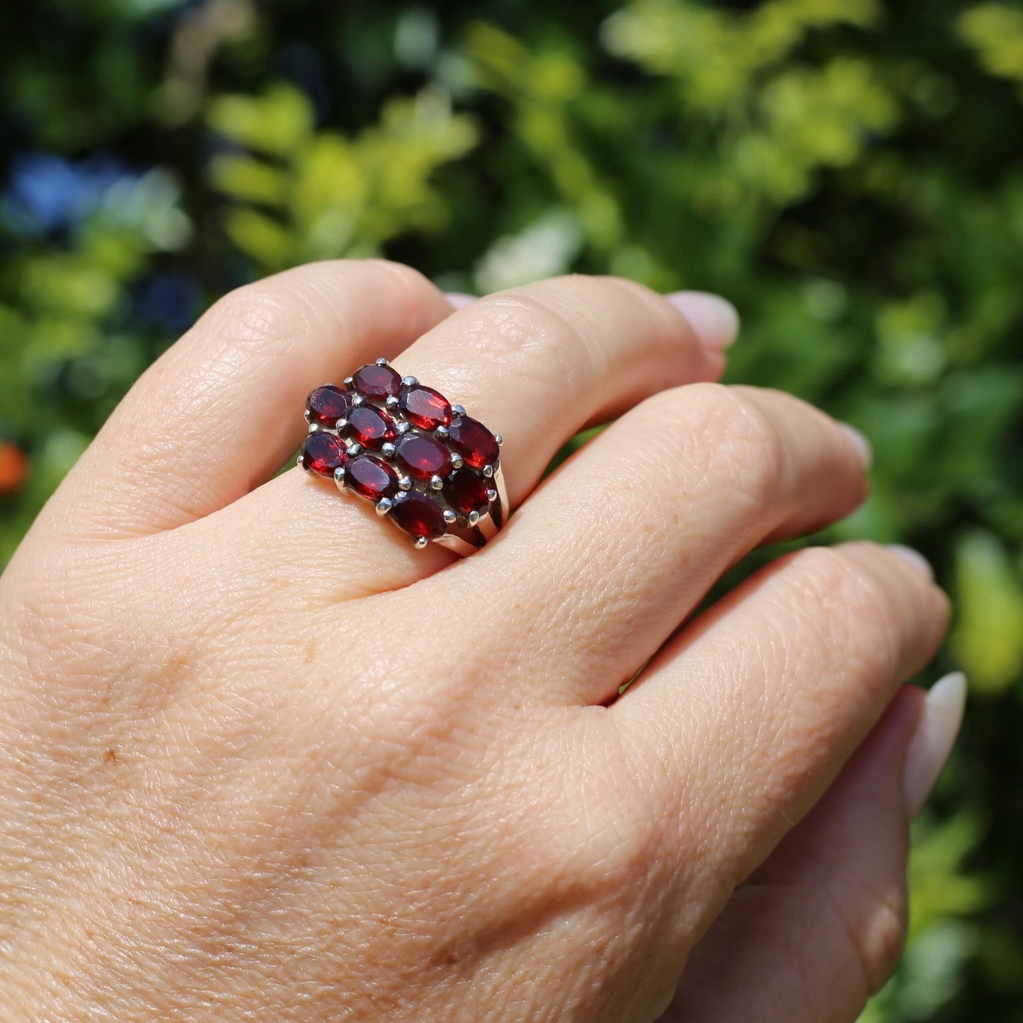 10 x Garnet Multi Stone East West Set Ring, Sterling Silver, size M1/2 or 6.5