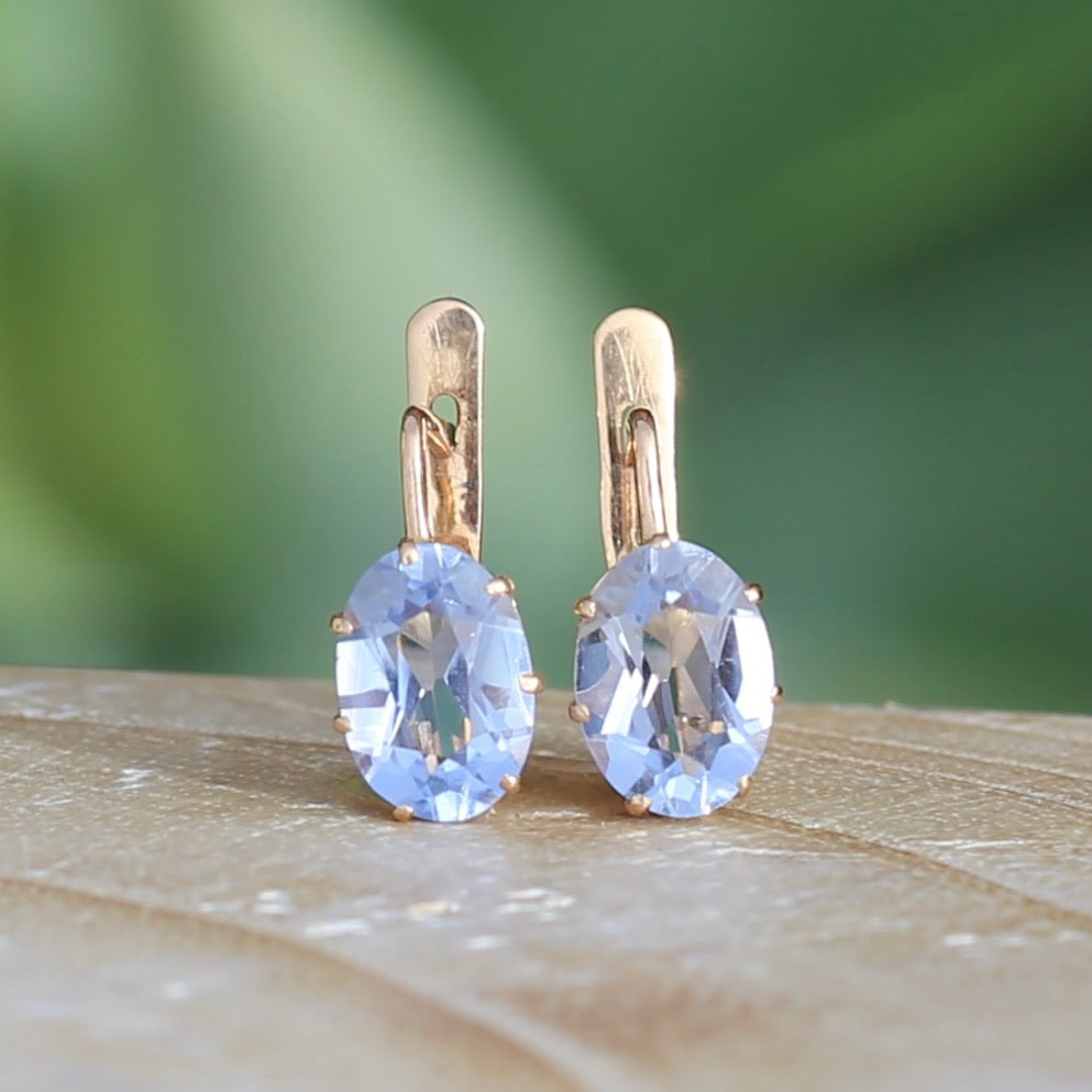 Vintage Russian Pale Lilac Blue Spinel Earrings with Lever Backs, 14ct Rosey Gold, 3.03g