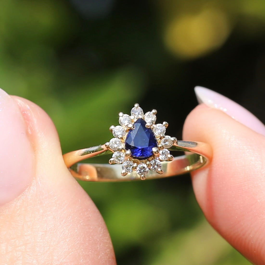 Pear Shaped Sapphire with Halo, 14ct and 18ct Yellow Gold, size 7 or just under O