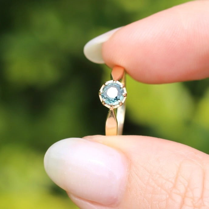 Seafoam Sapphire Solitaire in 8 Claw Setting, 9ct Yellow Gold, size L or just under 5.5