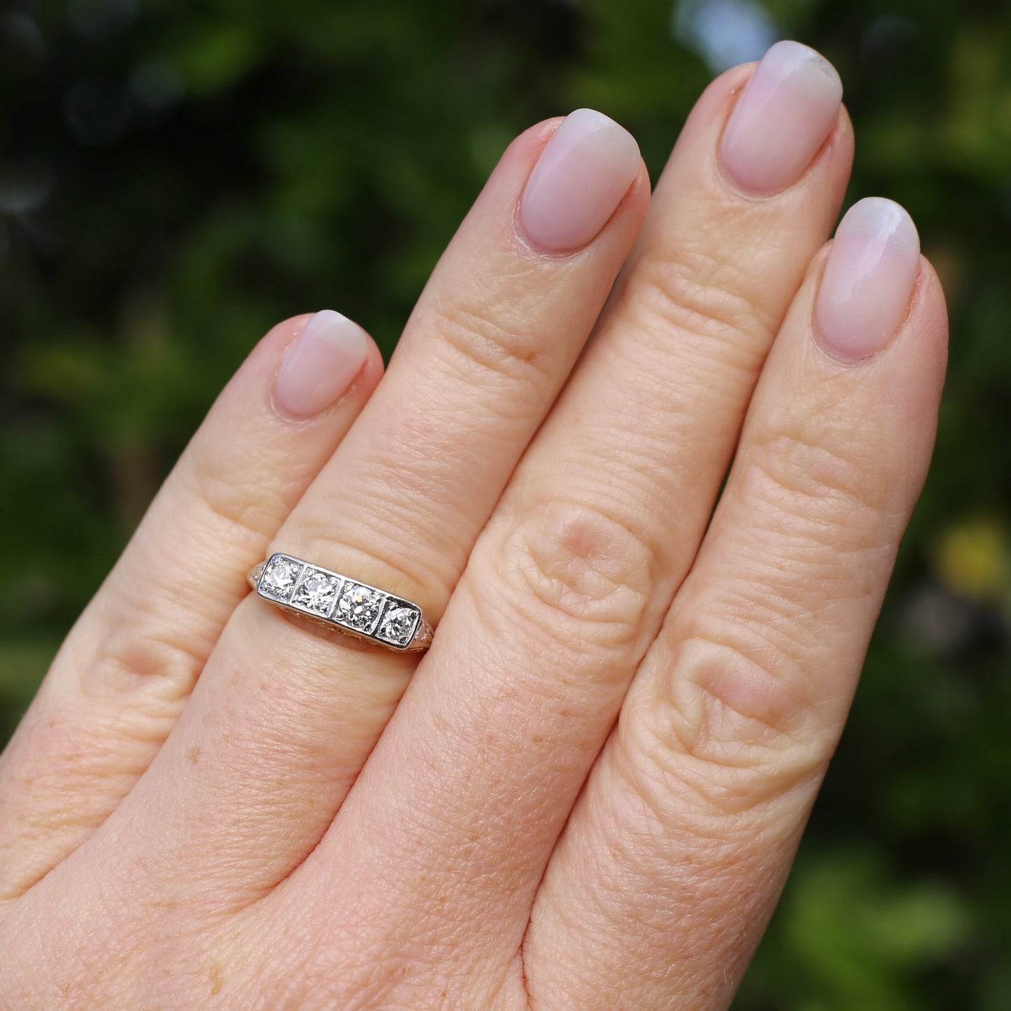 1930s 4 Stone Transitional Cut Diamond Mixed Metal Ring, 18ct Yellow Gold & Platinum, size M or just bigger than 6