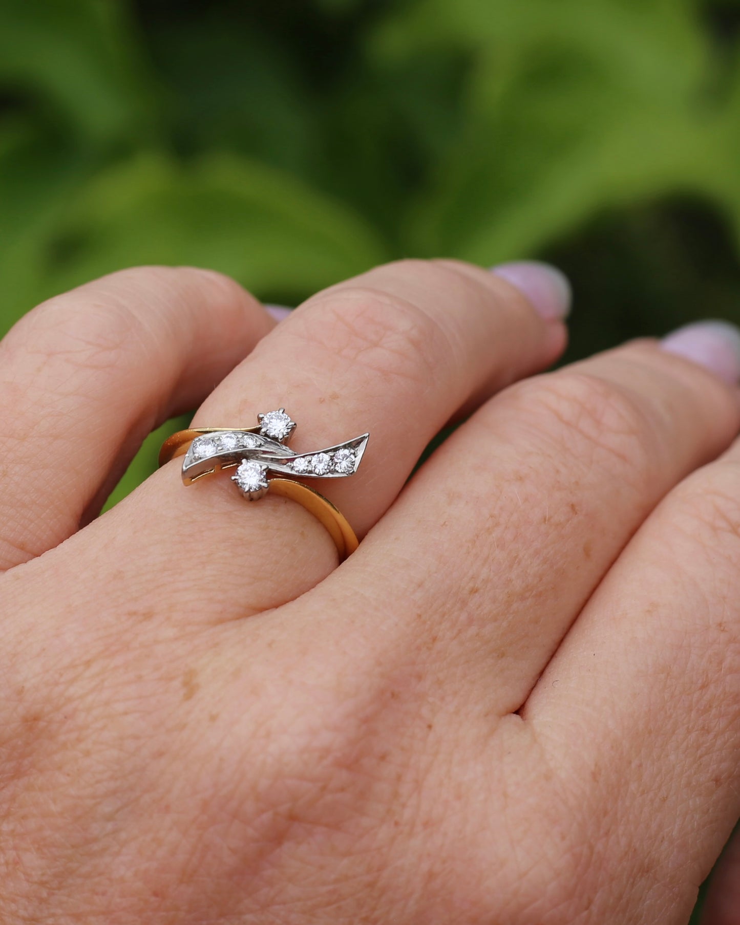 Antique Circa 1910 "Belle Epoque Toi et Moi" Asymmetric Diamond Bow Ring, 18ct Yellow Gold and Platinum, size L1/2 or 6, 3.62g