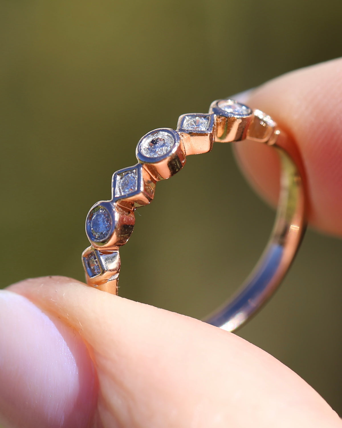 0.25ct 7 Stone Natural Diamond Bezel Set Round and Geometric Rose Gold Stacker, 10ct Rose Gold, size O or 7.25
