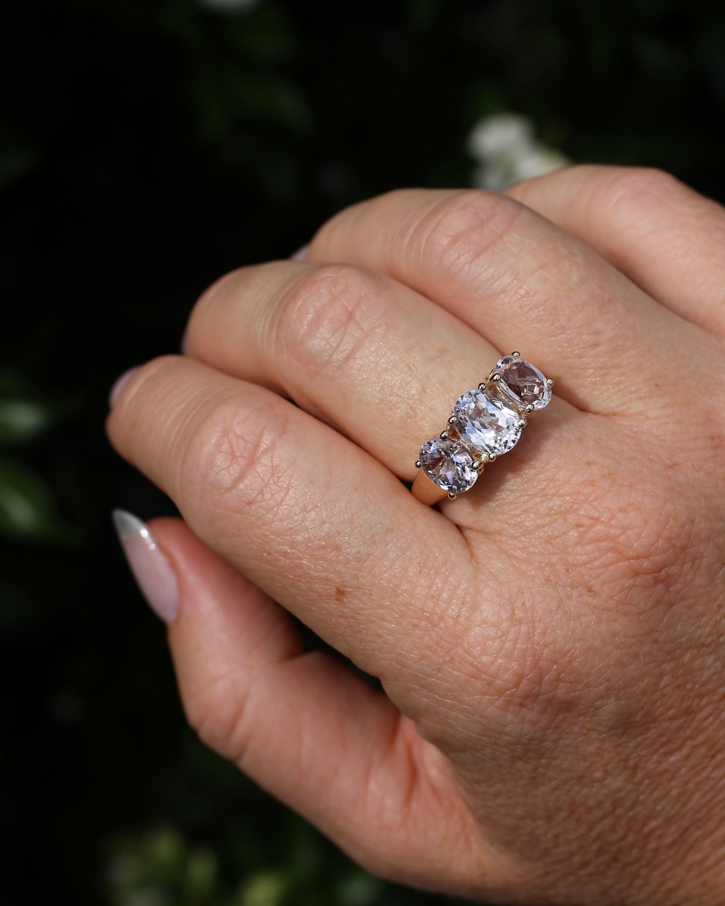 Oval Trilogy Rock Crystal Ring, 9ct Yellow Gold, size Q1/2 or 8.5, 5.59g