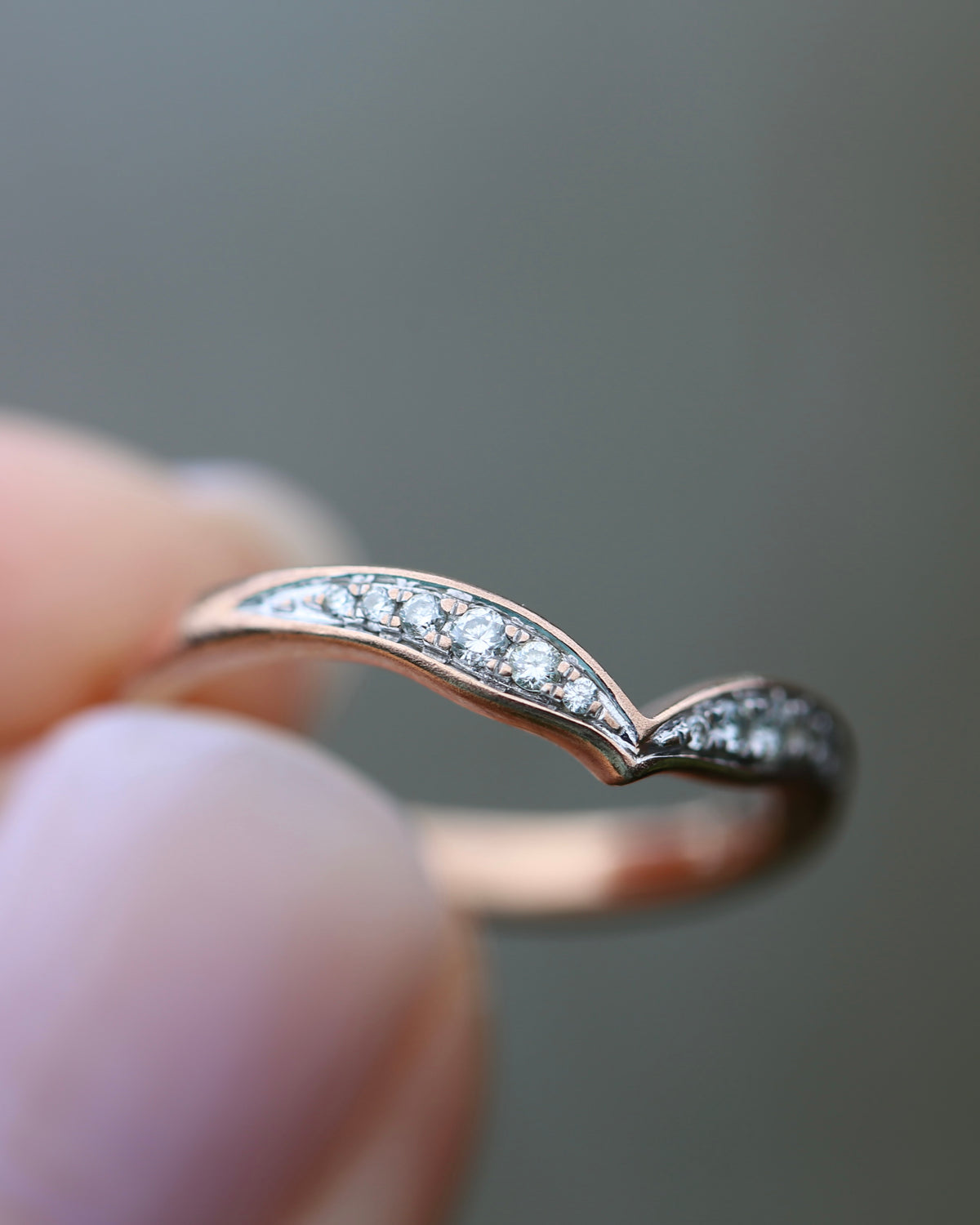 Bead Set Natural Diamond Wishbone Ring, 9ct Rose Gold, size J or 4.75, 1.7g