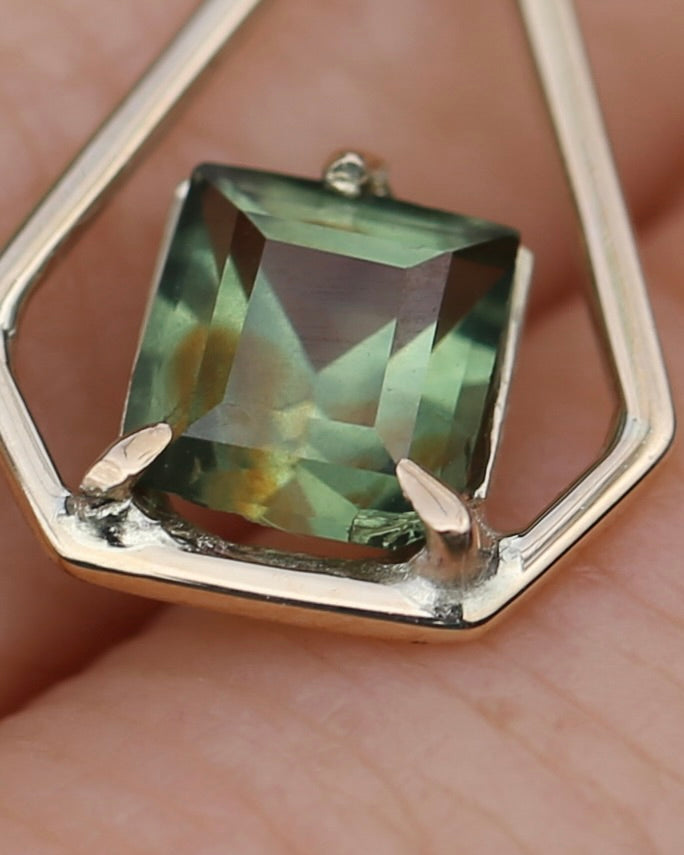 Modified Carre Cut Unheated Green Natural Sapphire in Handmade Vintage Pendant, 9ct Yellow Gold, 0.78g