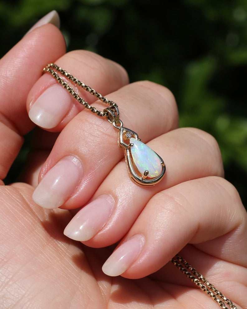 Pear Crystal Opal and Diamond Pendant, 10ct Yellow Gold, 1.5g