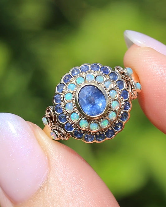 Natural Sapphire and Opal Cluster Ring, 9ct Yellow Gold, size P or 7.5, 4.04g