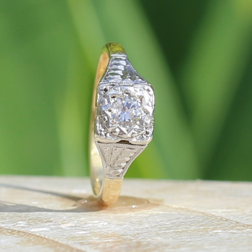 1930s Art Deco Inspired Platinum and 18ct Gold Solitaire Ring, size N or almost 6.75