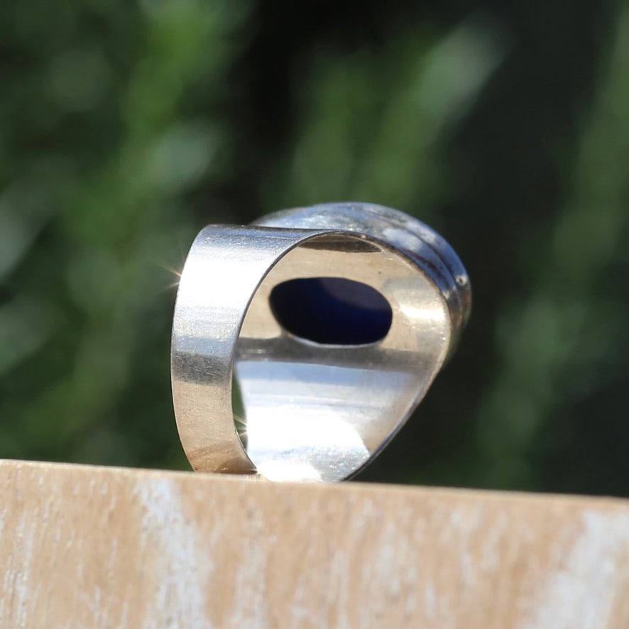 Large Lapis Cabochon in Silver Bezel Setting, size P1/2 or just under 8