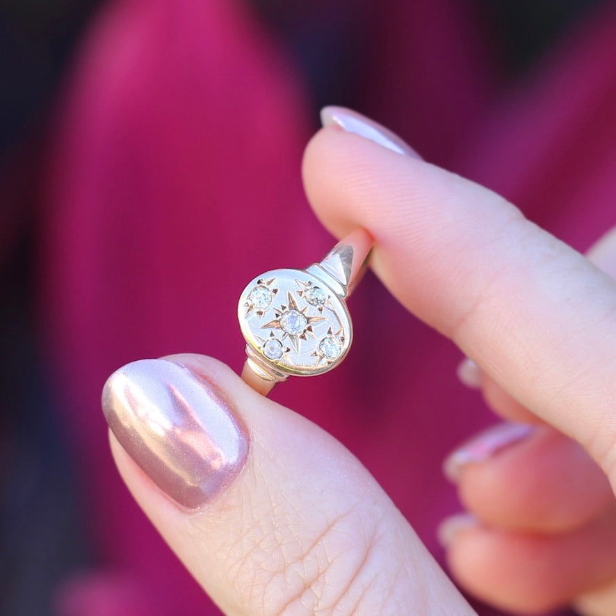 Early Australian Joseph Lawrence Signet Ring, Star Set with 5 Old Cut Diamonds, size T or 9.5